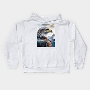 Snowy Summit Soar: Eagle Double Exposure with Mountain Majesty Kids Hoodie